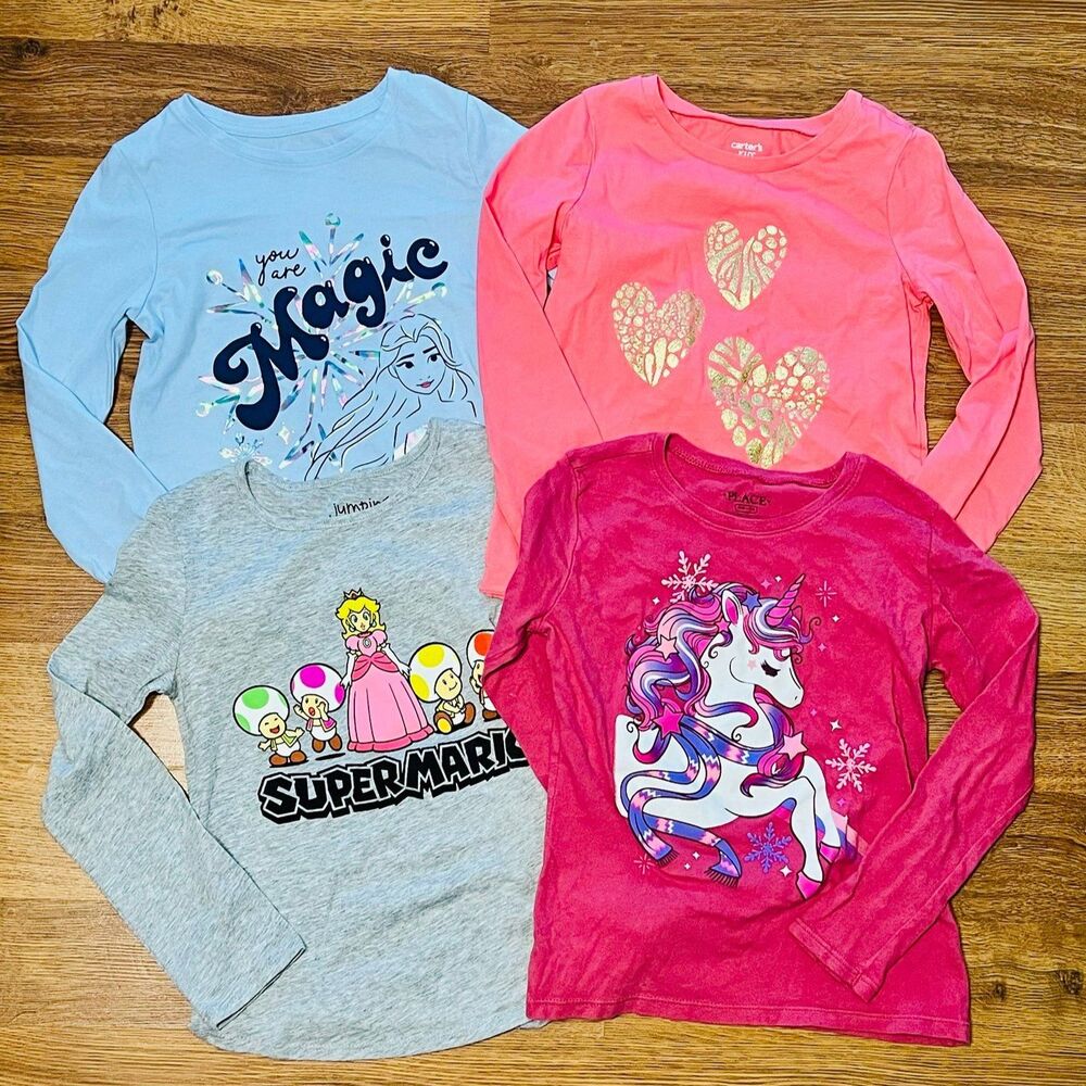 Girls Long Sleeve Graphic T-Shirts Bundle M 7/8 Disney Mario Unicorns Hearts